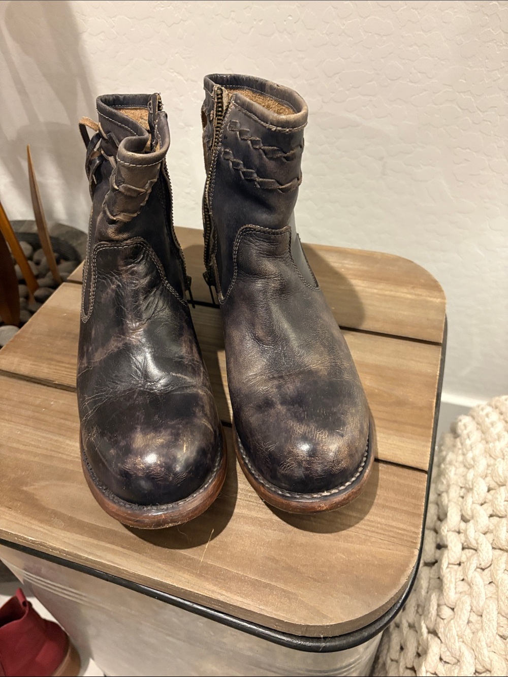 Bed Stu Two-Tone Distressed Leather Ankle Boots - Brown/Black
